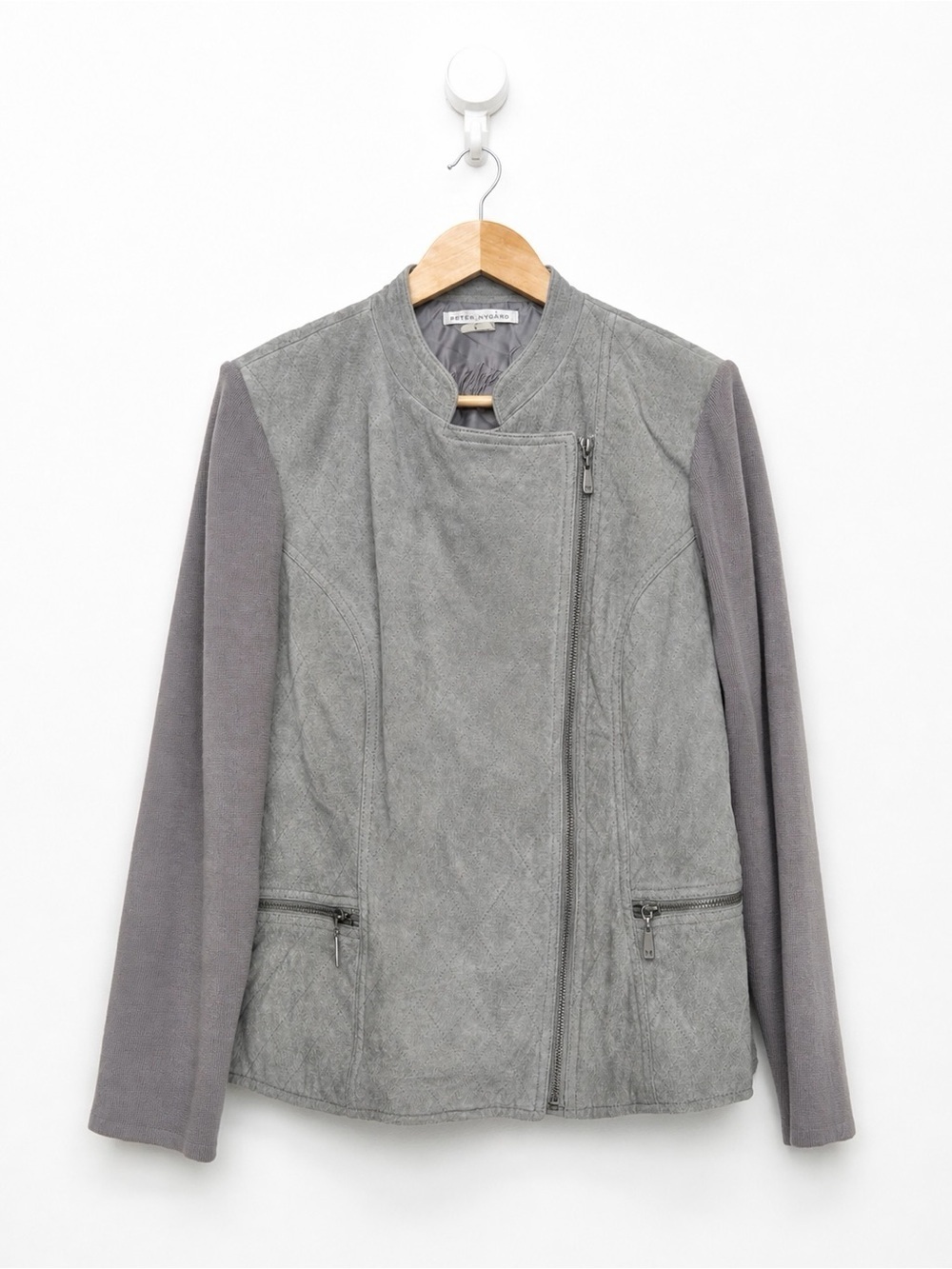 Quilted Suede Moto Jacket - Grey Knit Sleeves - Minimalist - Size L